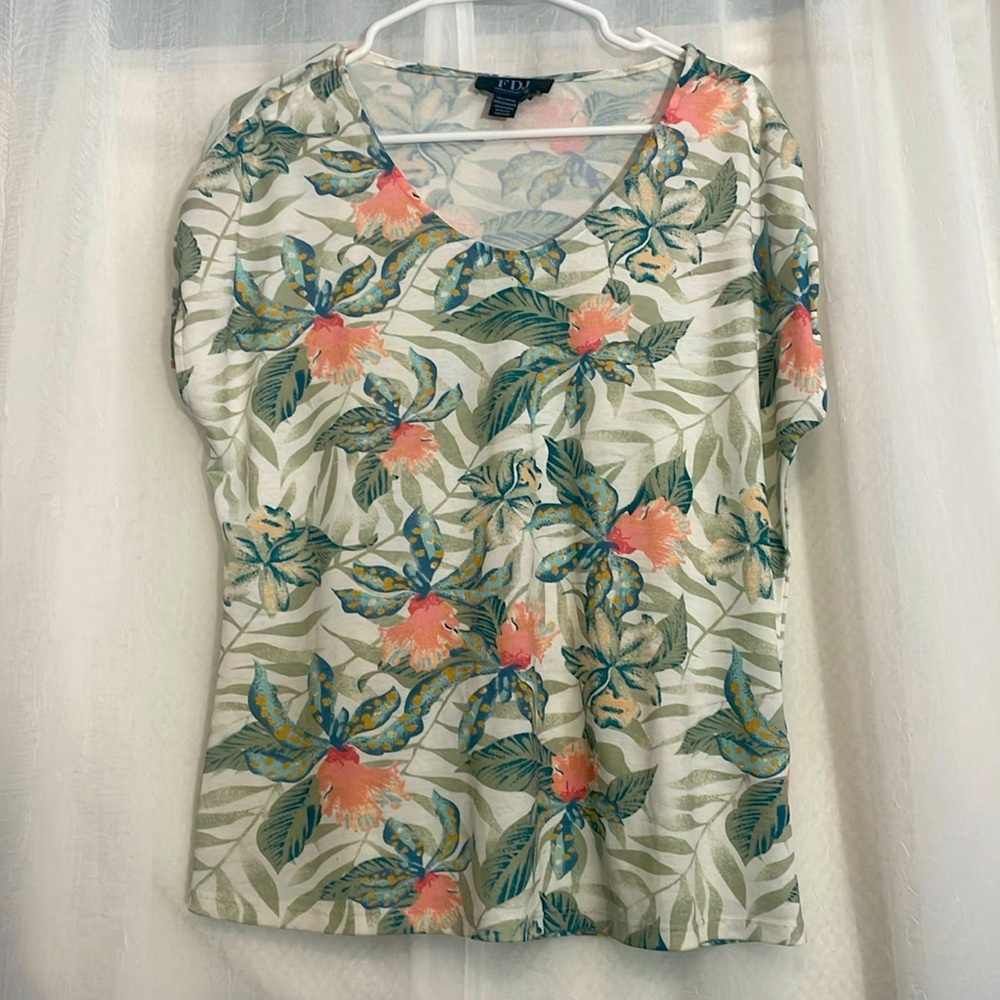 FDJ multicoloured floral print top ties on the arm Size  M PTP 23”  leng…